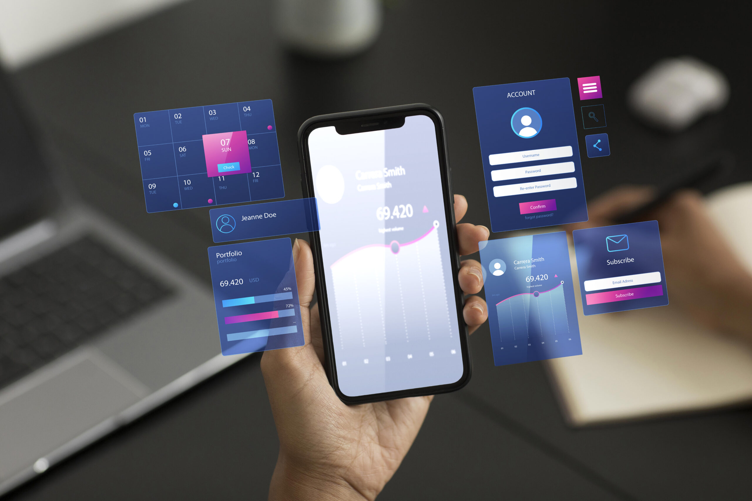 Uma mão segurando um smartphone que está ampliando imagens de calendário, gráficos e contas 
